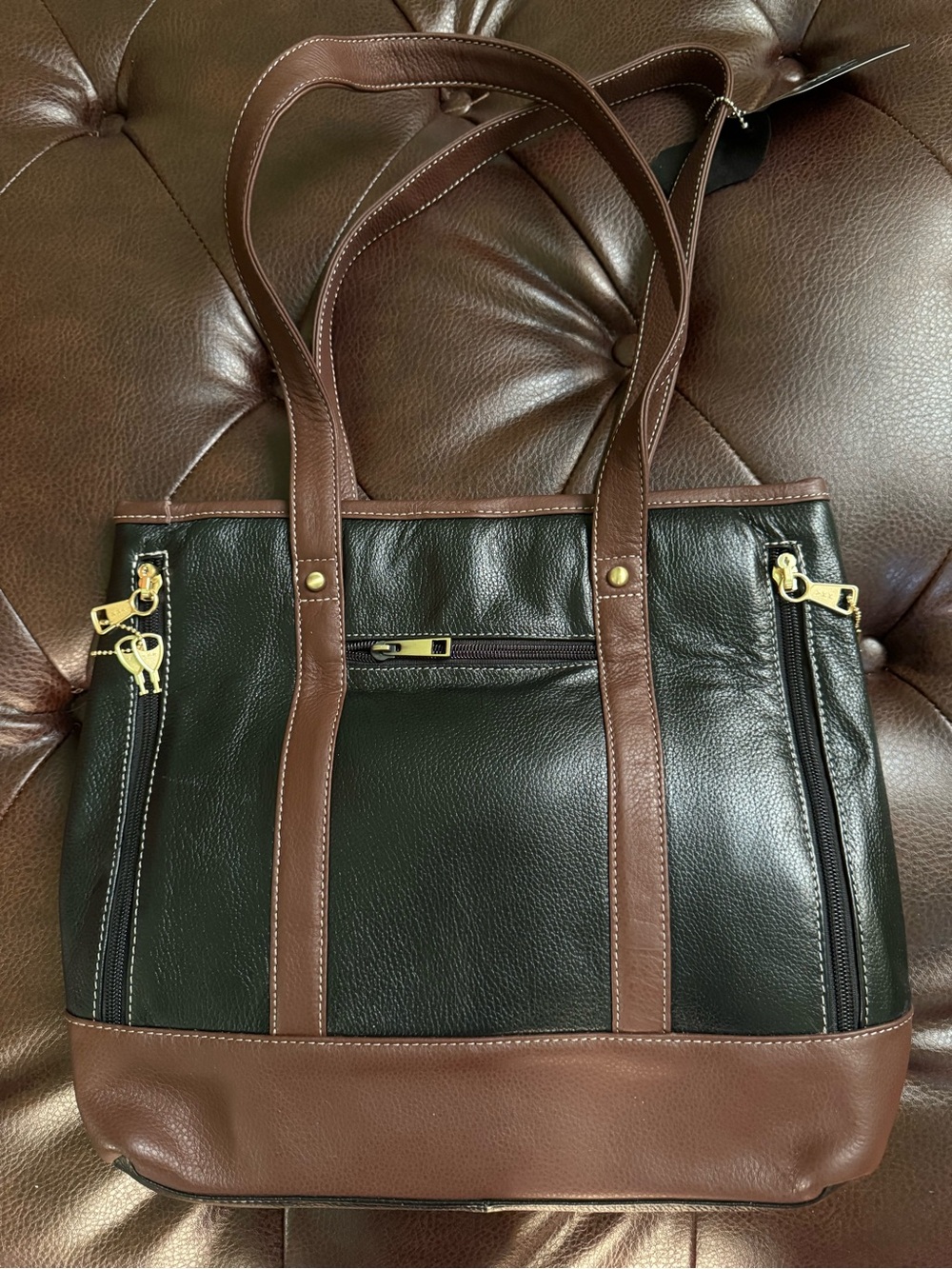 Two-Tone Leather Goson Concealed Carry Shoulder Tote - Black & Brown